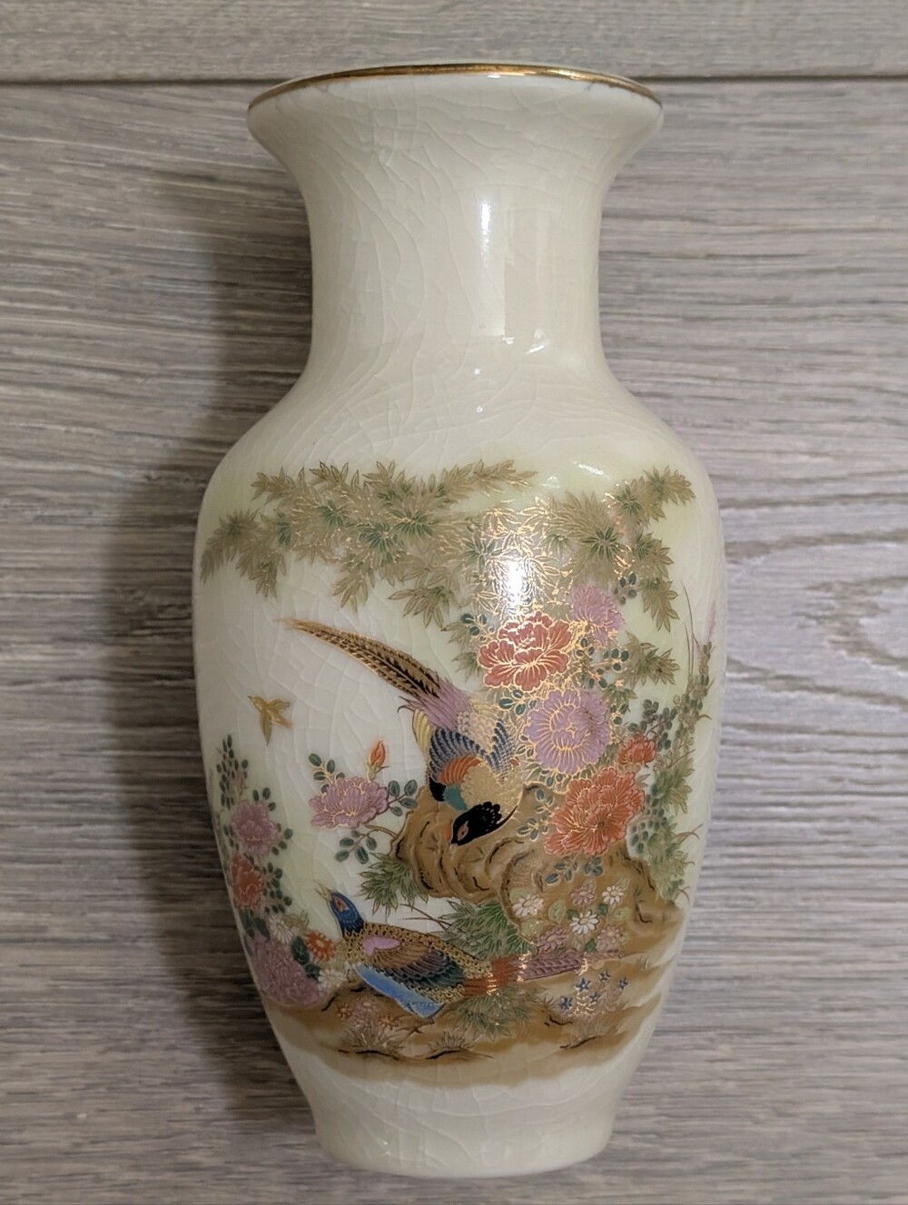 EUC•Vintage Elegant Satsuma Style Pheasant & Bamboo Porcelain Vase Made in Japan